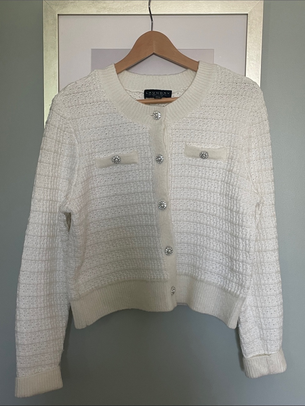 Laundry By Shelli Segal Ivory Knit Cardigan with Jeweled Buttons